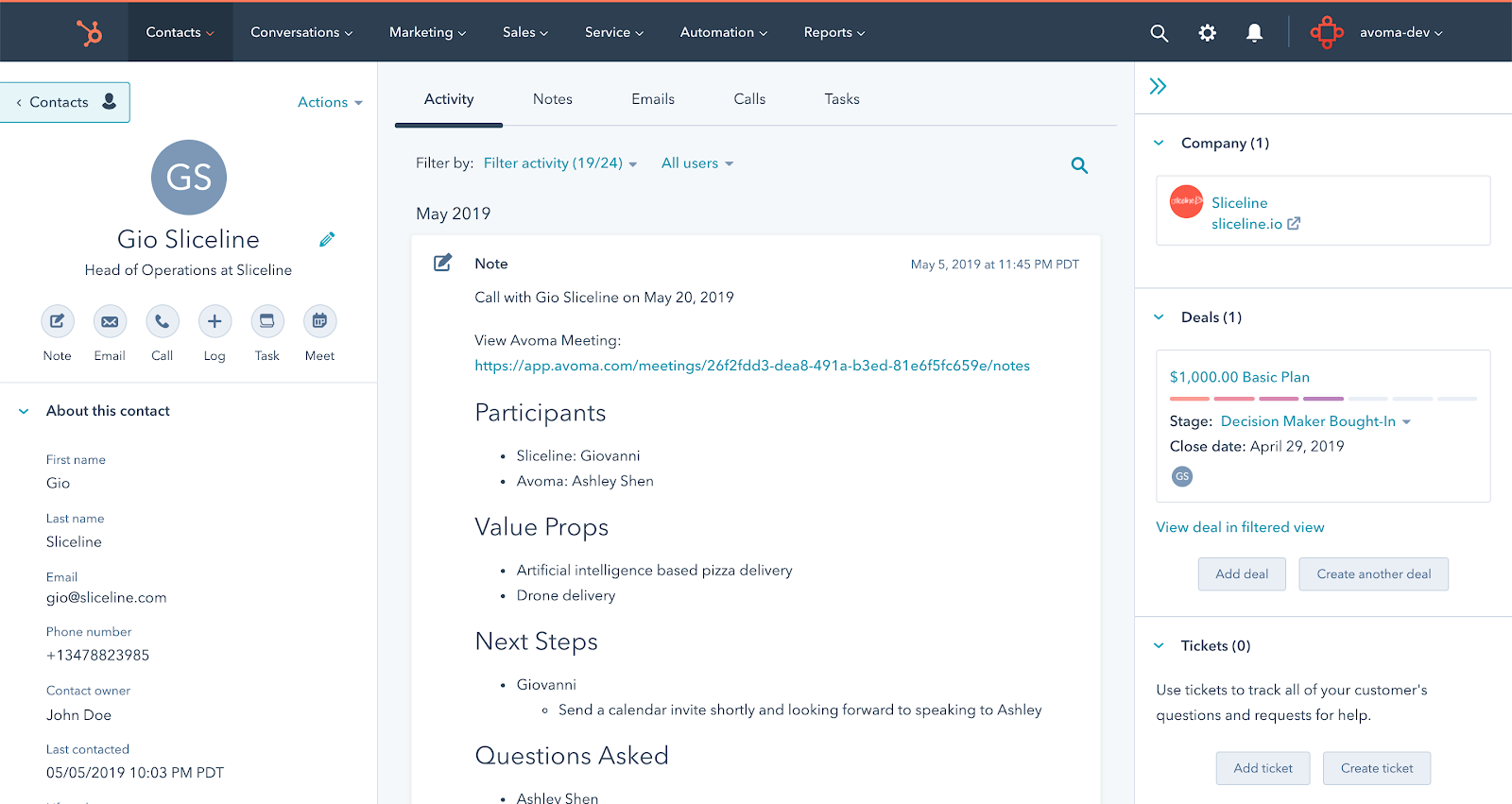 Avoma Notes in HubSpot